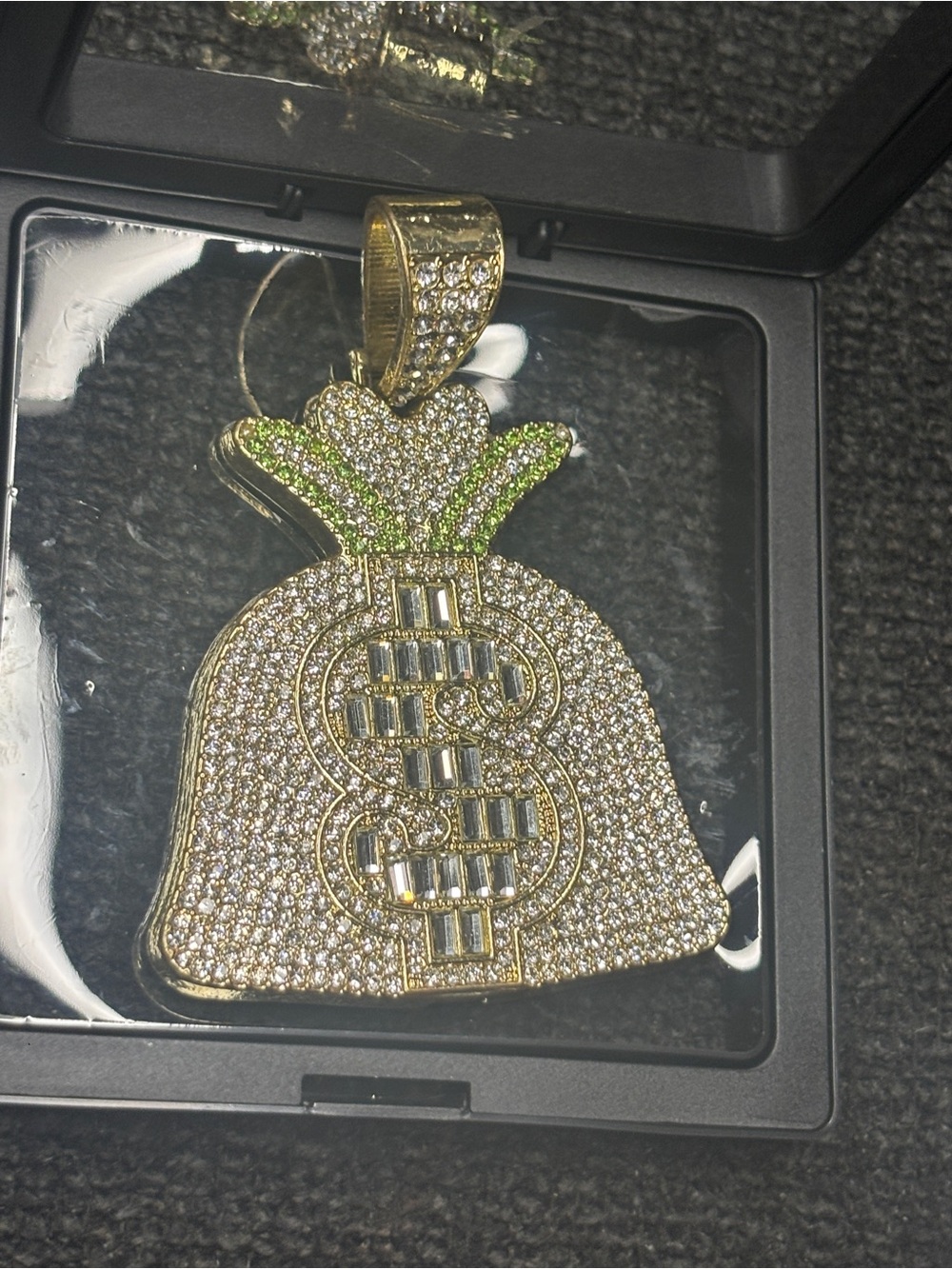 Moissanite Gold-Tone Money Bag Pendant Necklace with Green Accents
